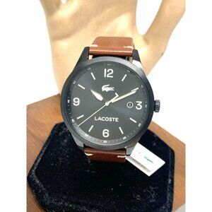 Lacoste Men's Watch 2011106 Traveler Quartz Black Dial Brown Leather Band 43mm
